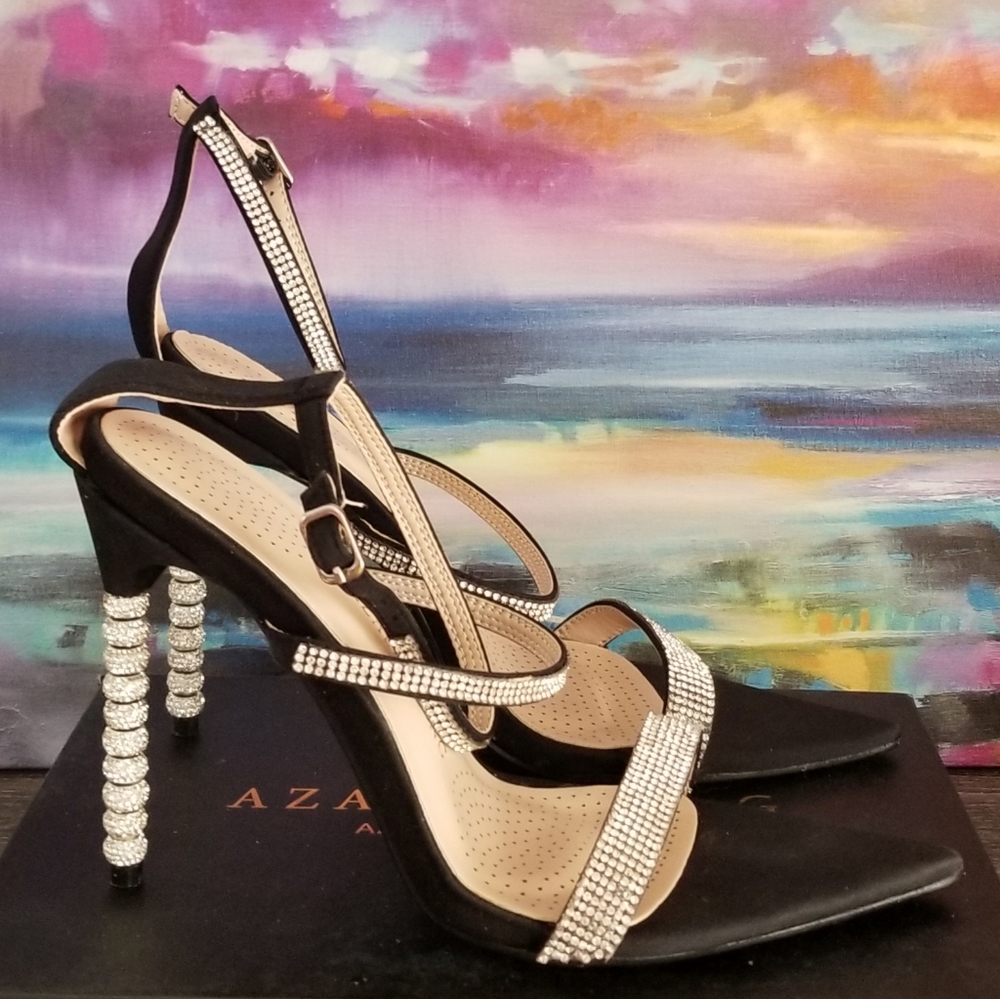 Azalea Wang Strappy Black Satin Sandal w/Rhinestone Bauble Heel & Embellishment